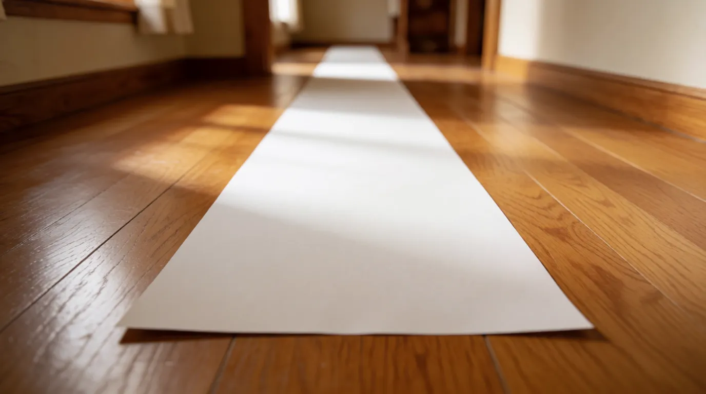 A photograph of a long strip of white paper unrolled down a wooden hallway floor