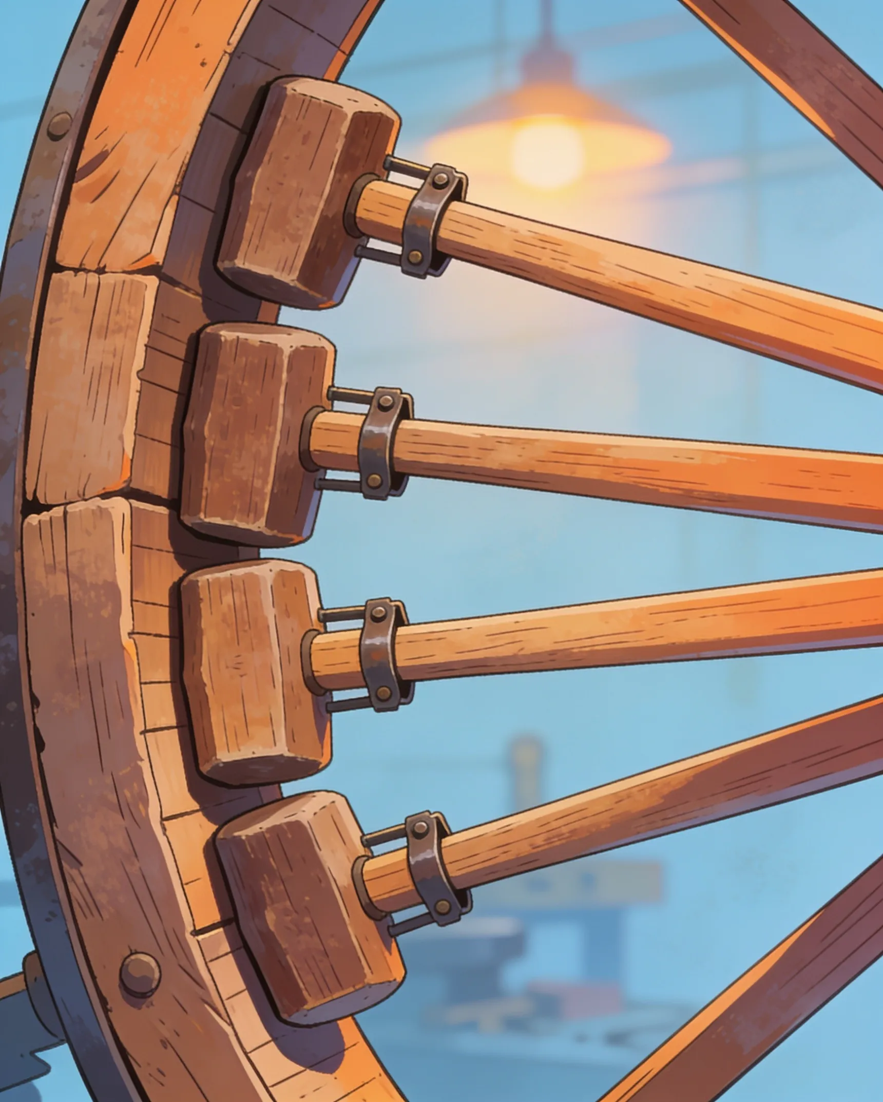 Wooden hammers held against the rim of an old wheel by short iron hinges