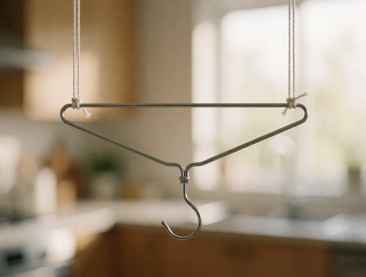 A photograph of a wire coat hanger hanging from two loops of white string