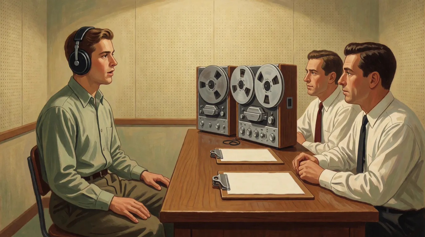 A person in a plain room wearing headphones, speaking aloud, while two researchers with clipboards watch from a table
