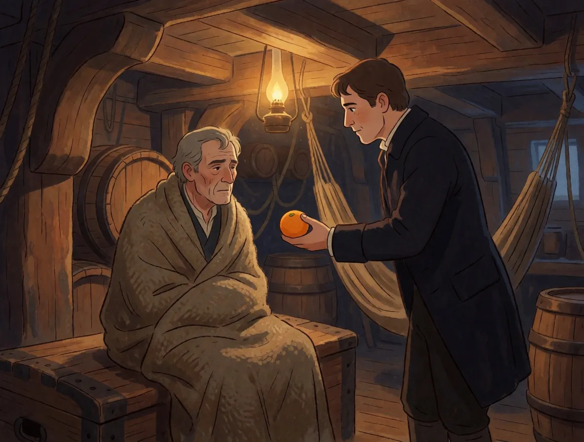 A painted scene below deck, a surgeon handing an orange to a sailor in a blanket