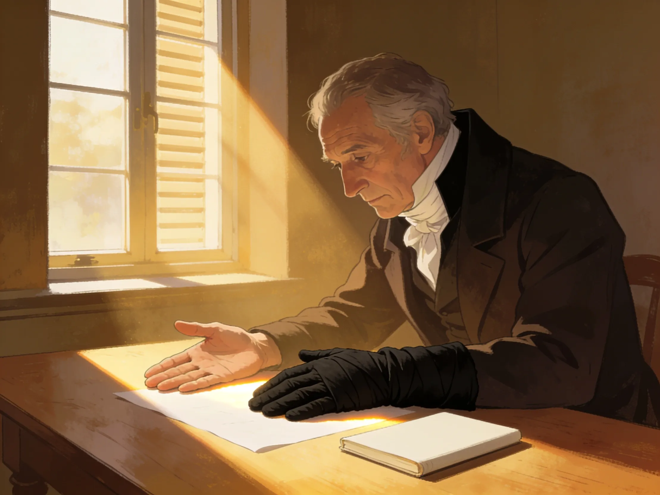 A painted scene of a surgeon in an 1820 study, one bare hand and one hand wrapped in black cloth laid side by side in sunlight