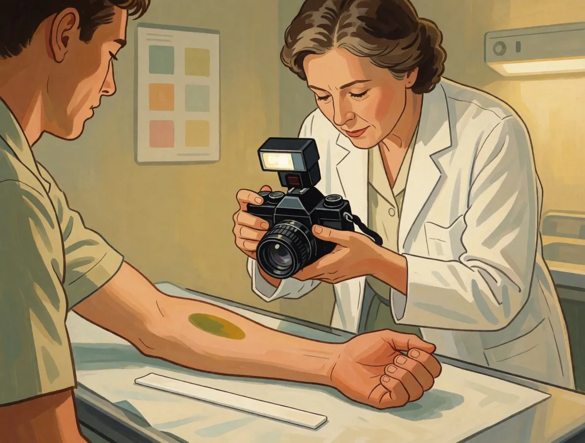 A doctor photographing a yellowing bruise on a volunteer's forearm in a 1990s hospital room