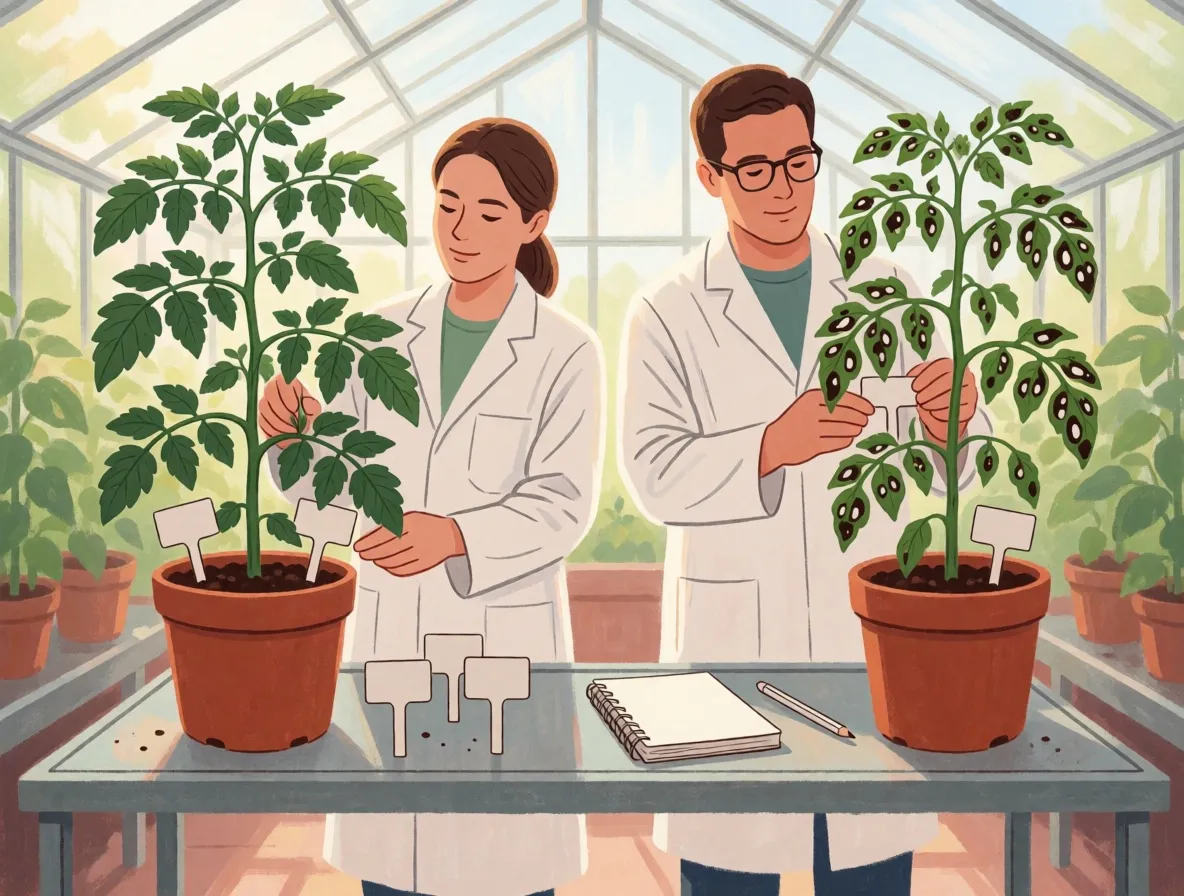A painted greenhouse scene of two researchers in their thirties comparing a healthy tomato plant with a badly spotted one