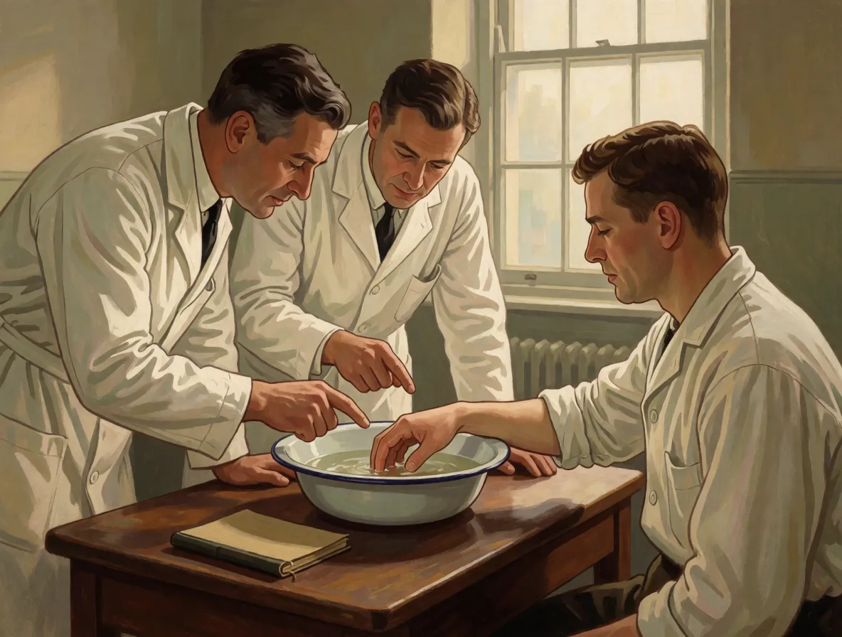 Two doctors in white coats examining a man's hand, which rests in a shallow bowl of water on a wooden table in a 1930s hospital room
