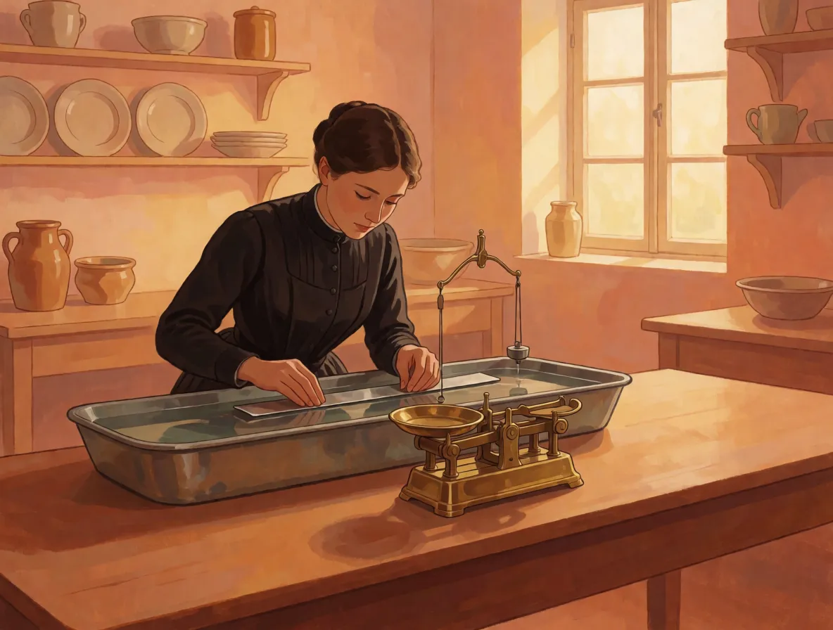 A painted scene of a woman in her twenties in an 1890s kitchen, sliding a metal strip across a shallow trough of water