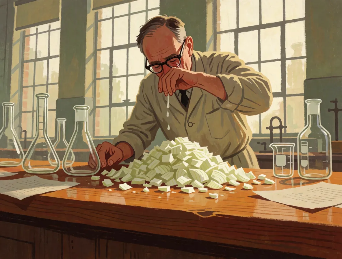 A painted scene of a chemist in his sixties in a 1960s laboratory, bent over a bench of chopped onions, his eyes streaming