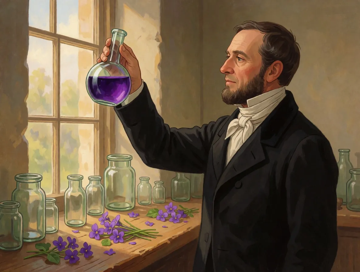 A painted pharmacist in his forties holding a flask of deep purple flower extract up to a window
