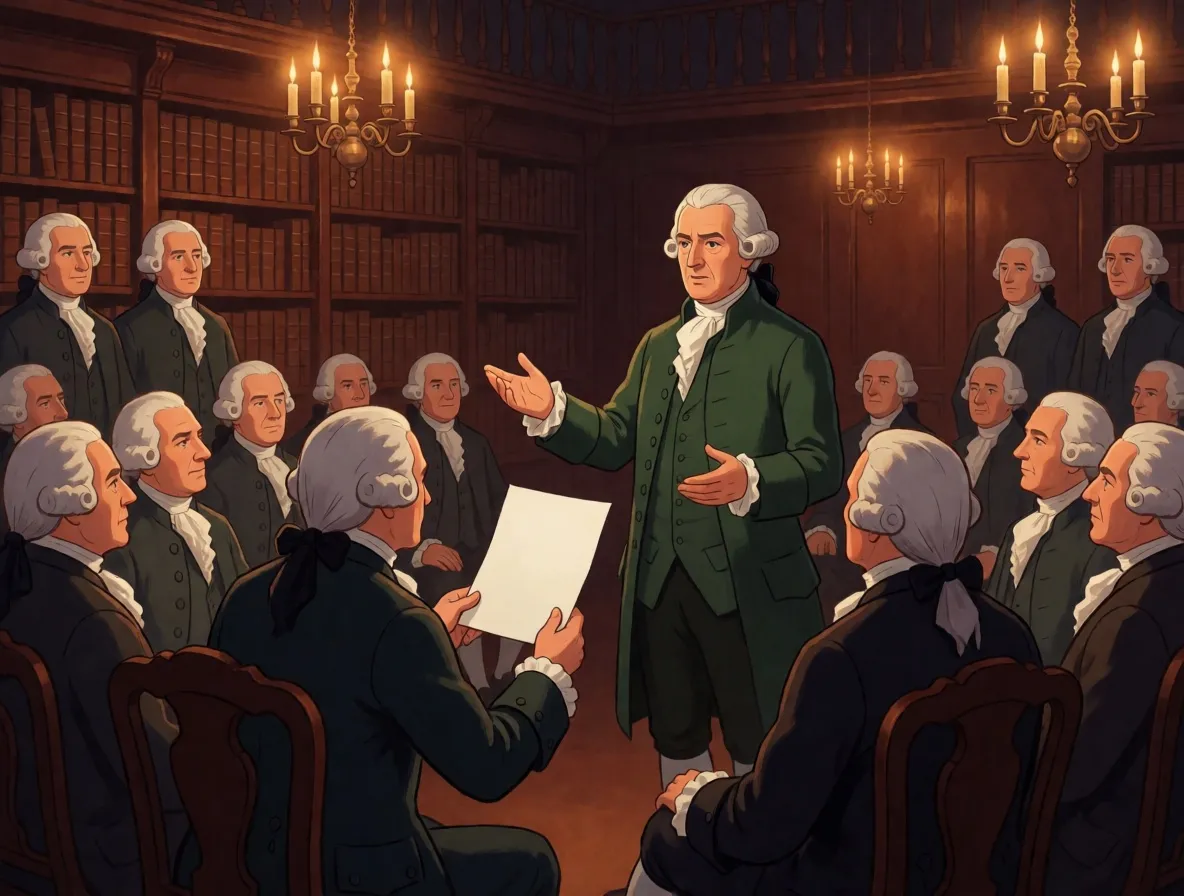 A painted scene of an eighteenth-century physician in a green coat addressing a room of seated doctors in wigs