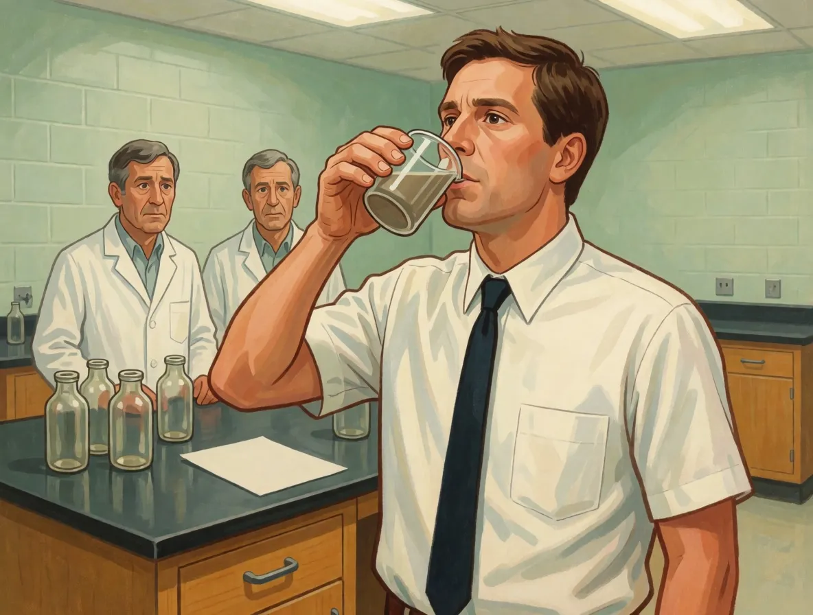 A painted scene of a doctor drinking from a beaker in a 1980s laboratory