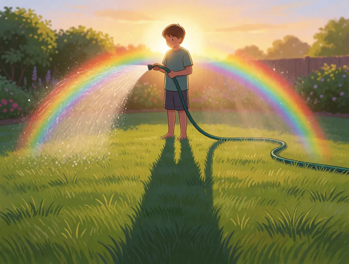 A child spraying a fine mist from a garden hose with the low sun behind them and a bright bow in the spray