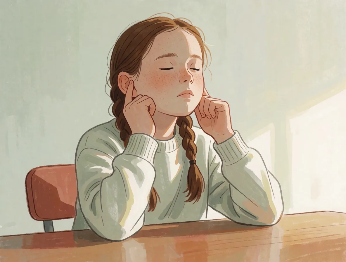 A girl about ten at a kitchen table with a fingertip pressed into each ear, humming
