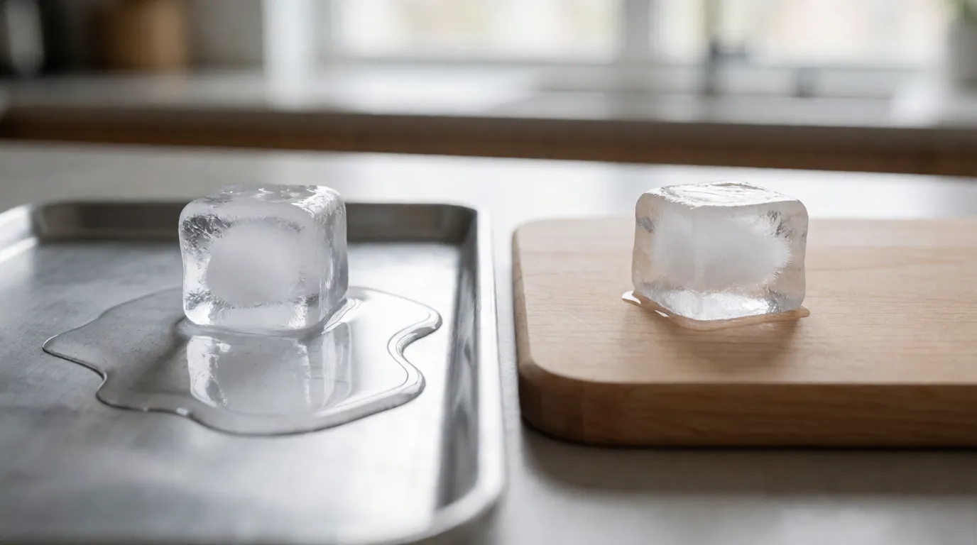 A photograph of two ice cubes melting side by side, one on a metal baking tray and one on a pale wooden chopping board