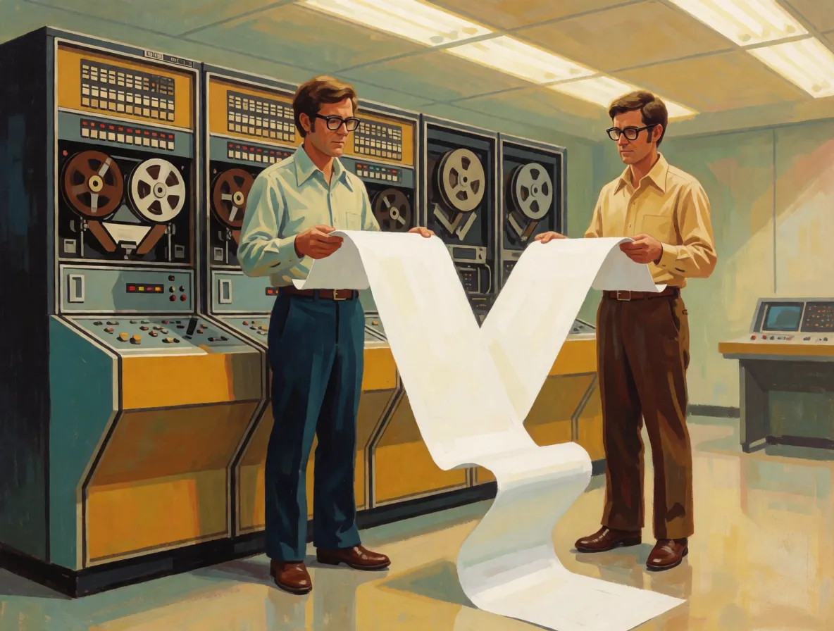 Two mathematicians in nineteen seventies clothing standing beside a room sized computer with wide stacks of blank printout paper
