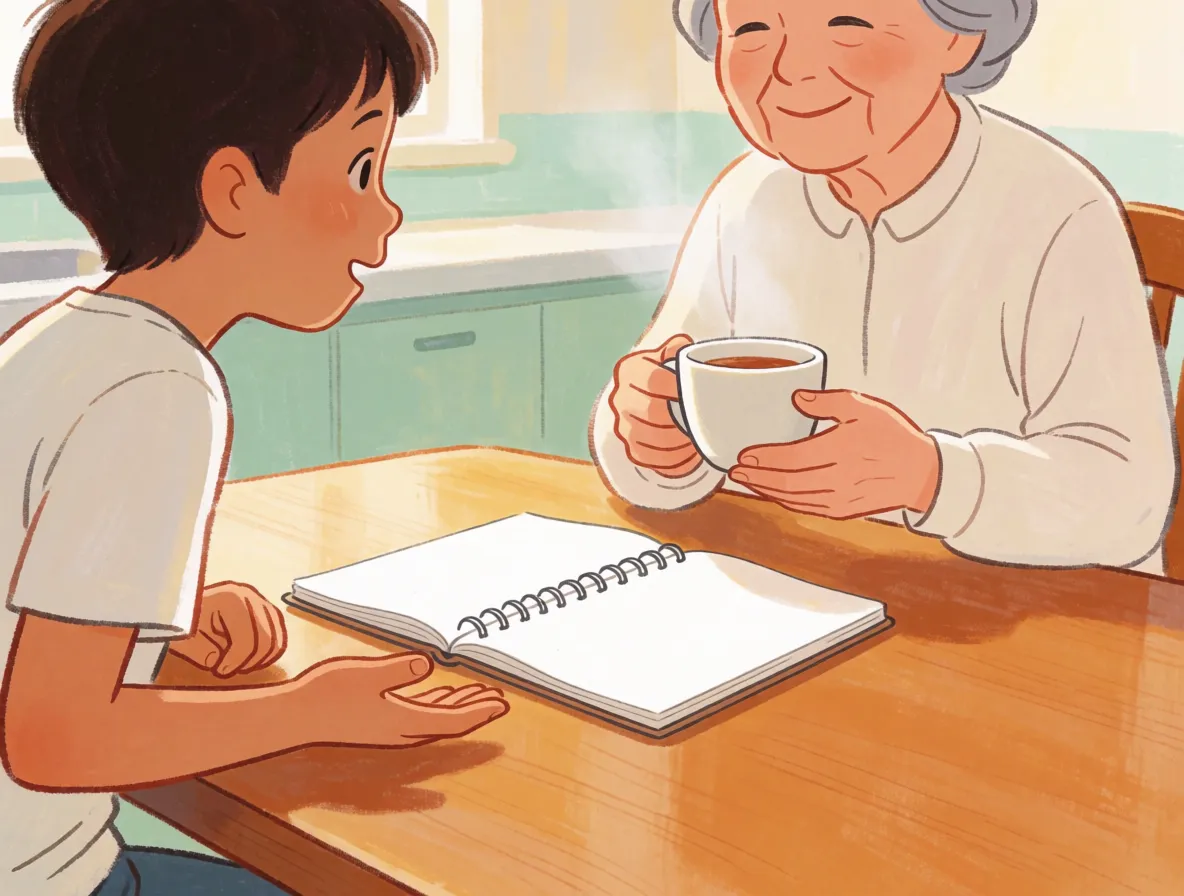A child sitting with an older relative at a kitchen table, notebook open, asking questions