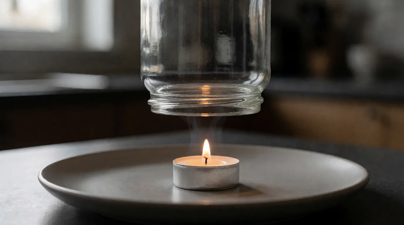A photograph of a glass jar being lowered over a small lit candle on a plate
