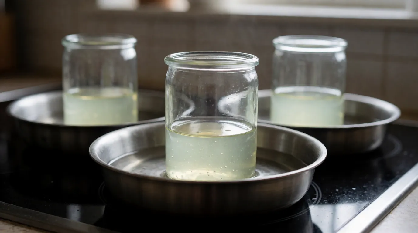 A photograph of three small glass jars of egg white standing in three pans of water on a stove