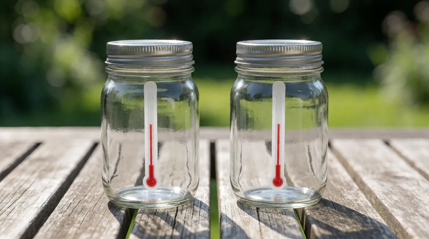 Two glass jars with lids in bright sunlight, a thermometer inside each