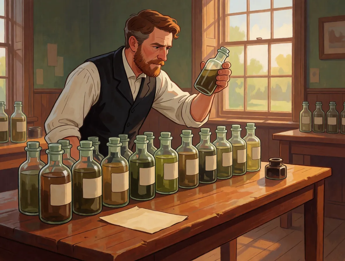 A scientist in 1899 holding a bottle of river water up to a window in a room of bottles