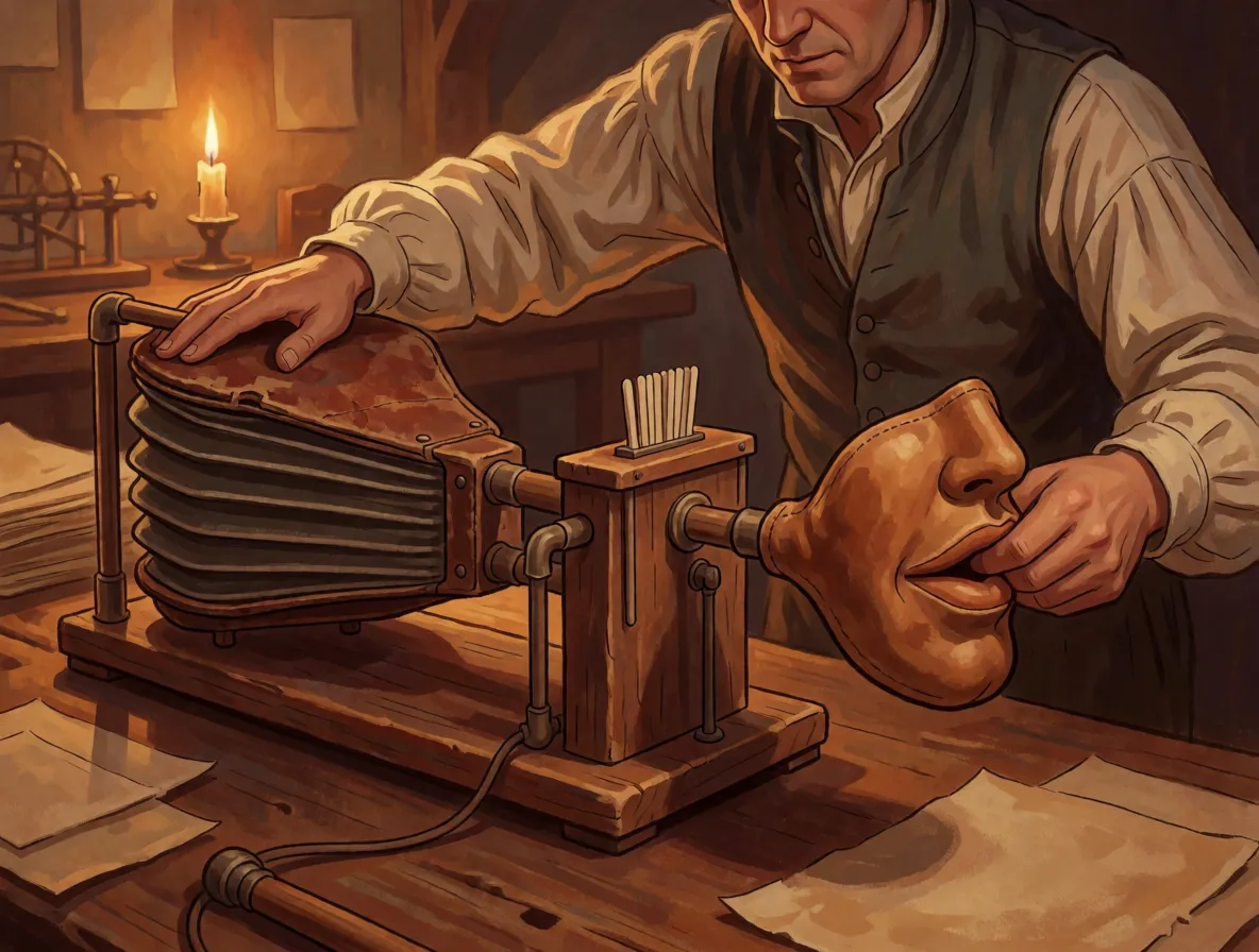 An eighteenth century wooden speaking machine with bellows and a leather funnel on a workbench, a man working its levers