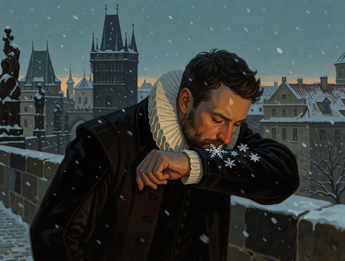 A man in a dark seventeenth-century coat on a snowy bridge, peering at snowflakes on his sleeve