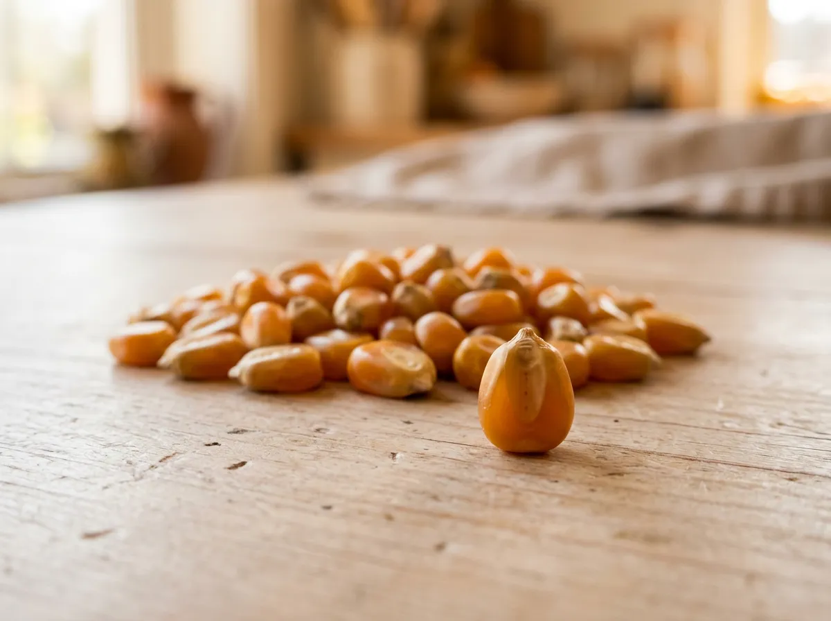 A close-up photograph of raw popcorn kernels, glossy and amber, one standing upright