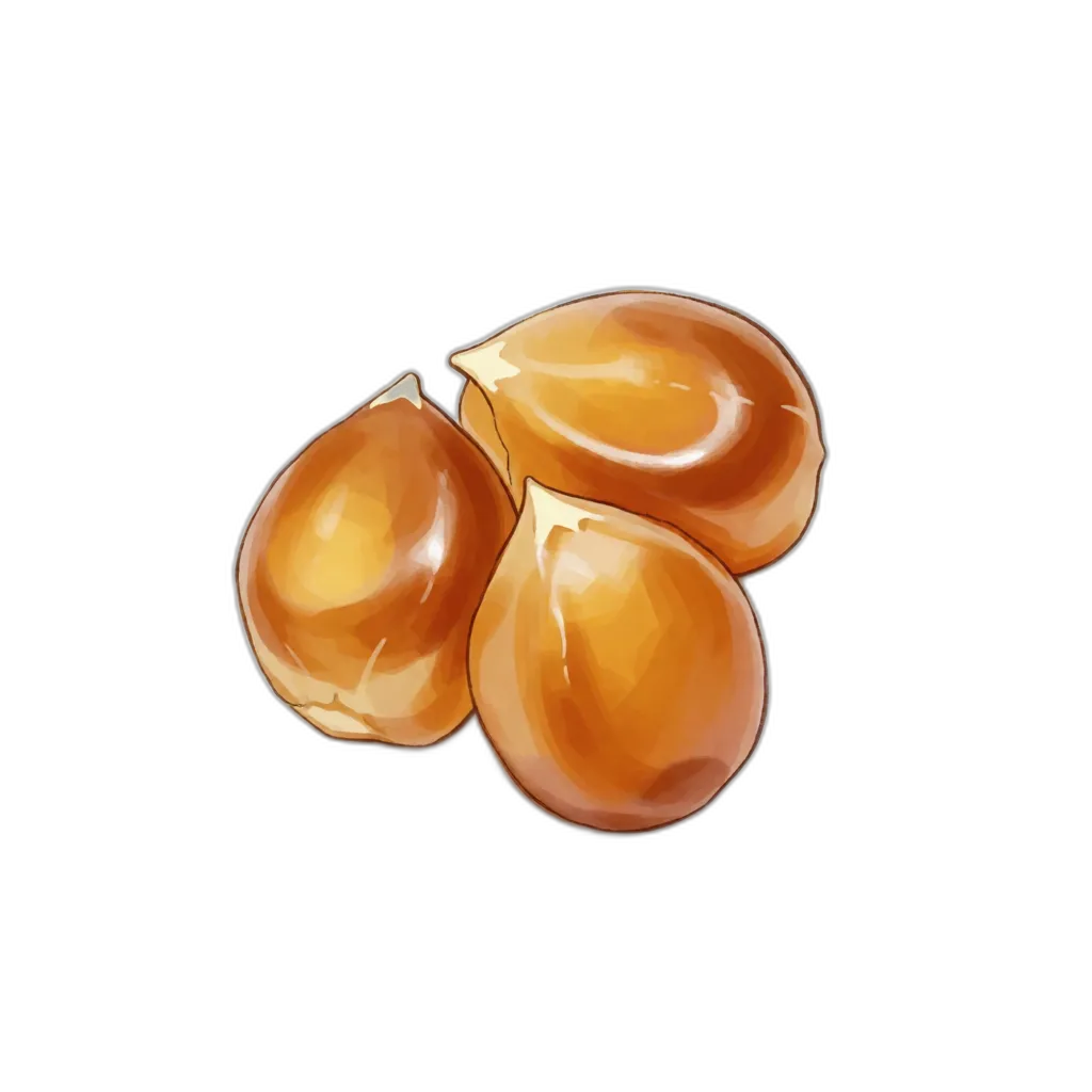 Three unpopped popcorn kernels, glossy and amber