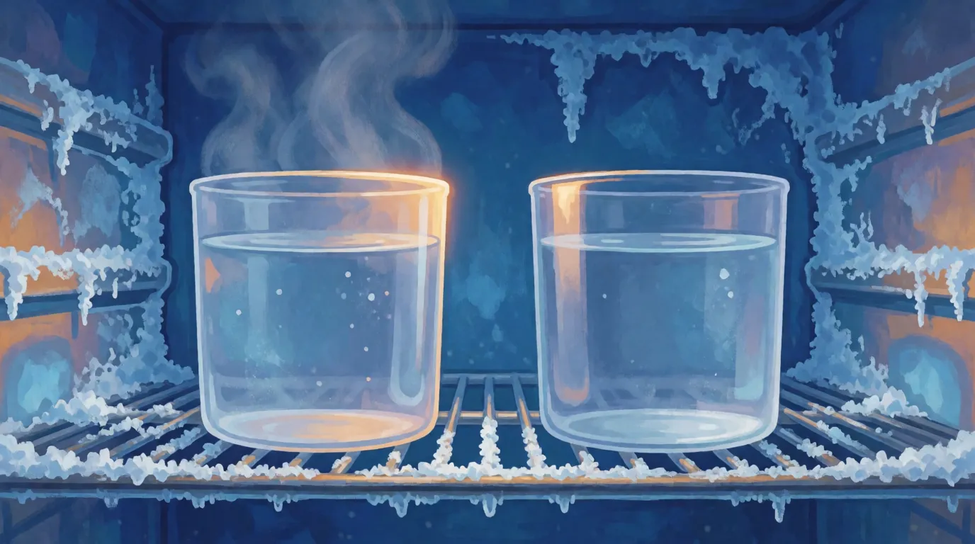 Two identical containers of water on a freezer shelf, one steaming, one clear, with frost on the shelf around them