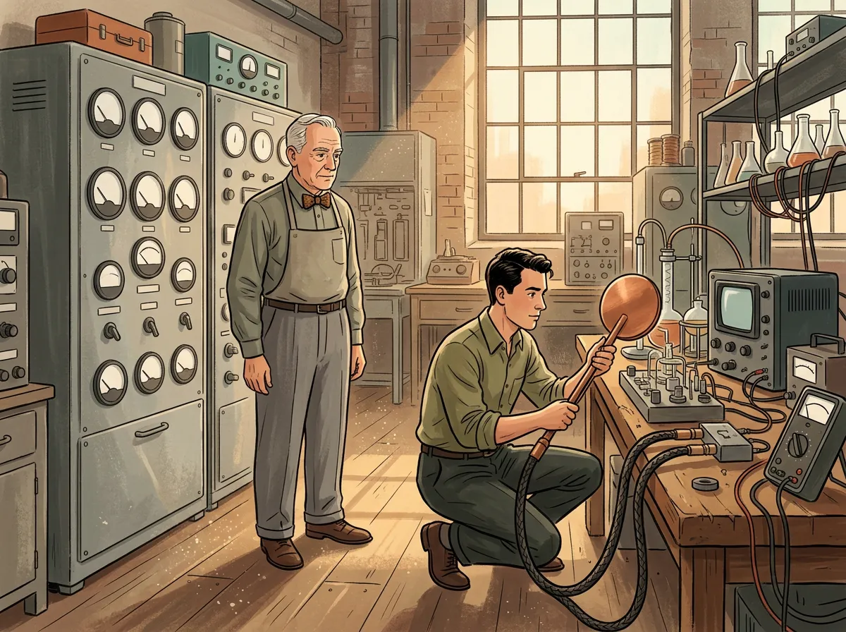 A painted 1950s electrical laboratory with an older man in a bow tie beside a tall grey instrument cabinet and a younger man crouching with a copper paddle