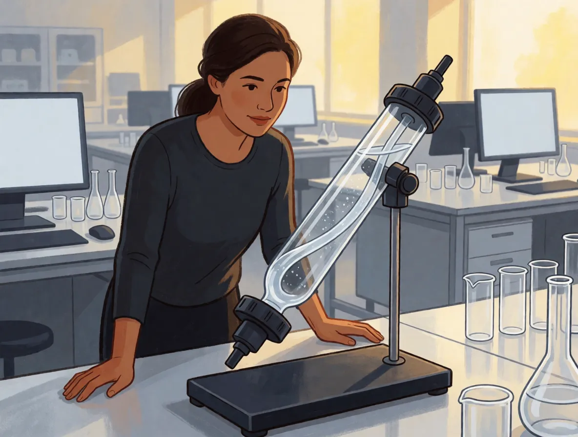 A chemist in a modern laboratory watching a rapidly spinning glass tube containing a thin film of clear liquid