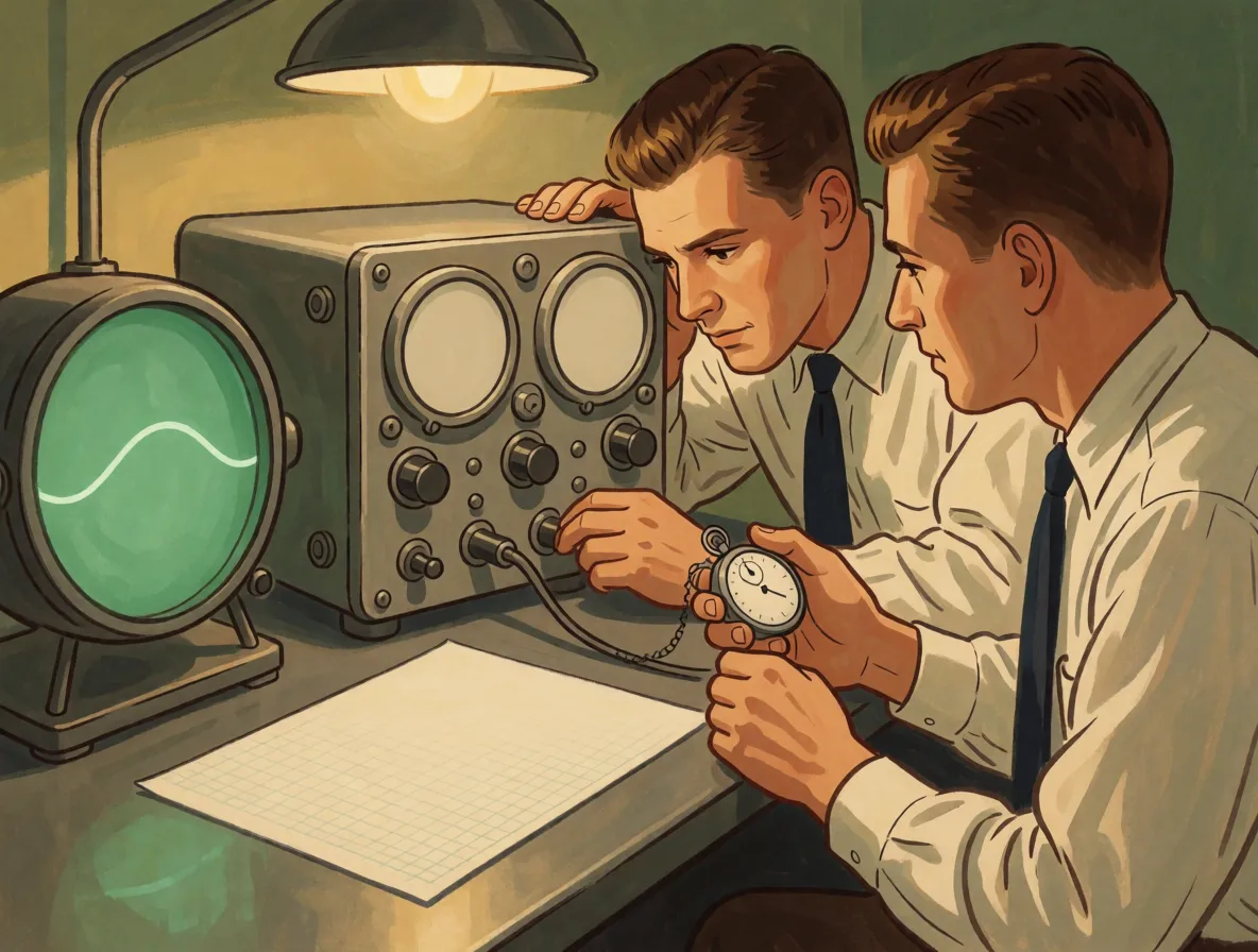 A painted scene of two young men in shirtsleeves leaning over a bench with a bulky radio receiver