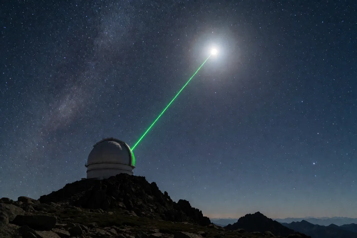 A green laser beam firing from an observatory dome into the night sky toward the Moon