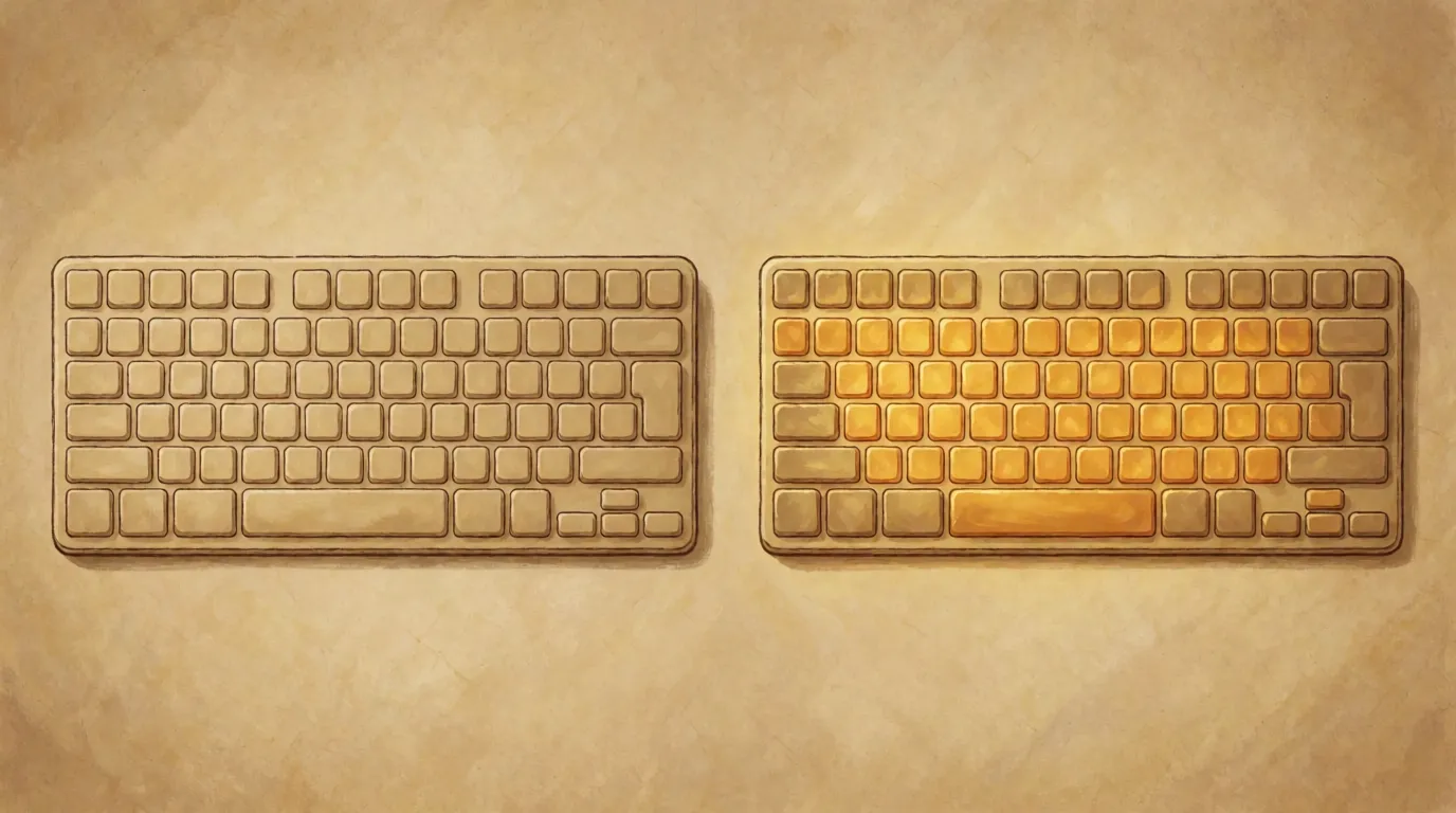 Two keyboards drawn side by side with completely blank keys, the right hand one lit in a warm color