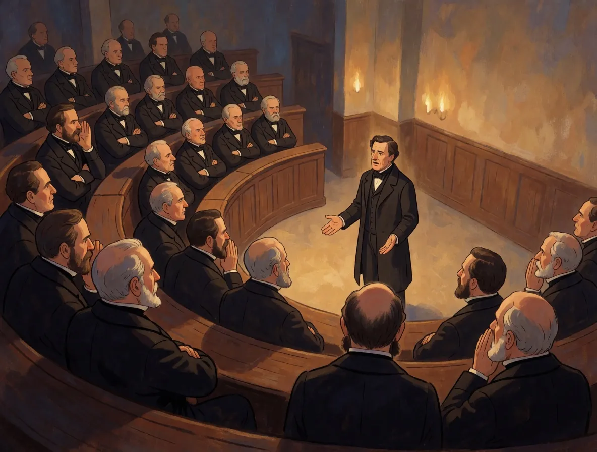 A painted lecture theater of physicians on tiered benches turning away from a younger man below