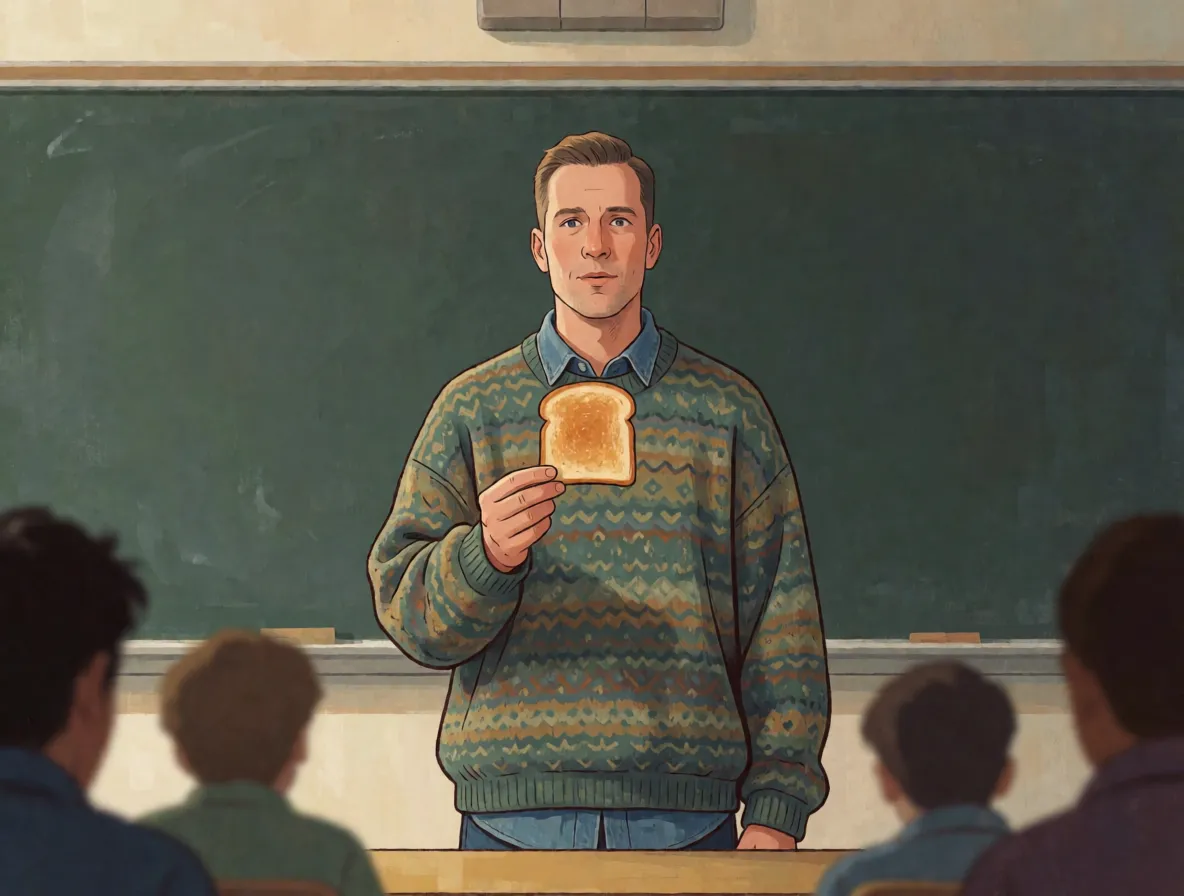 A man in nineteen nineties clothing holding up a slice of toast beside a completely blank blackboard in a lecture room