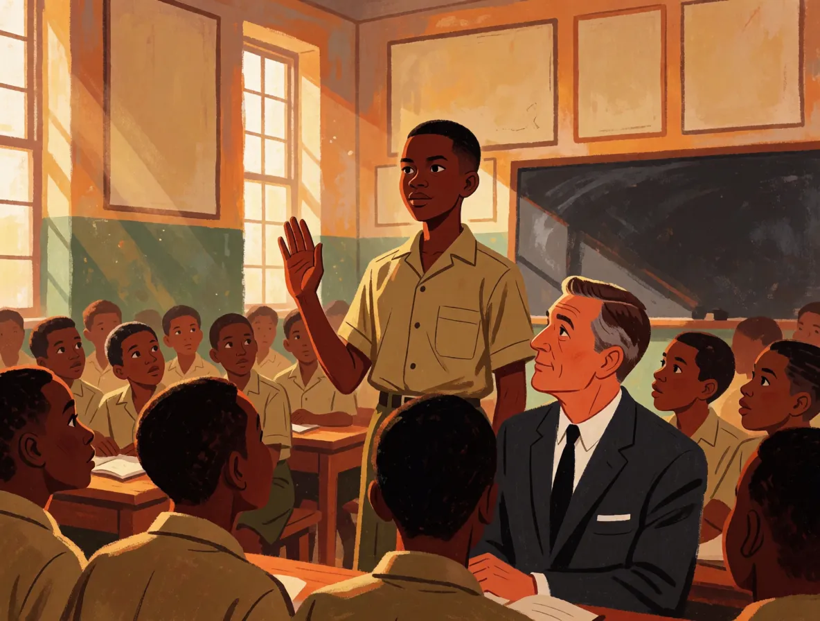 A teenage boy standing up in a crowded school hall to ask a question while a visiting lecturer listens from the front