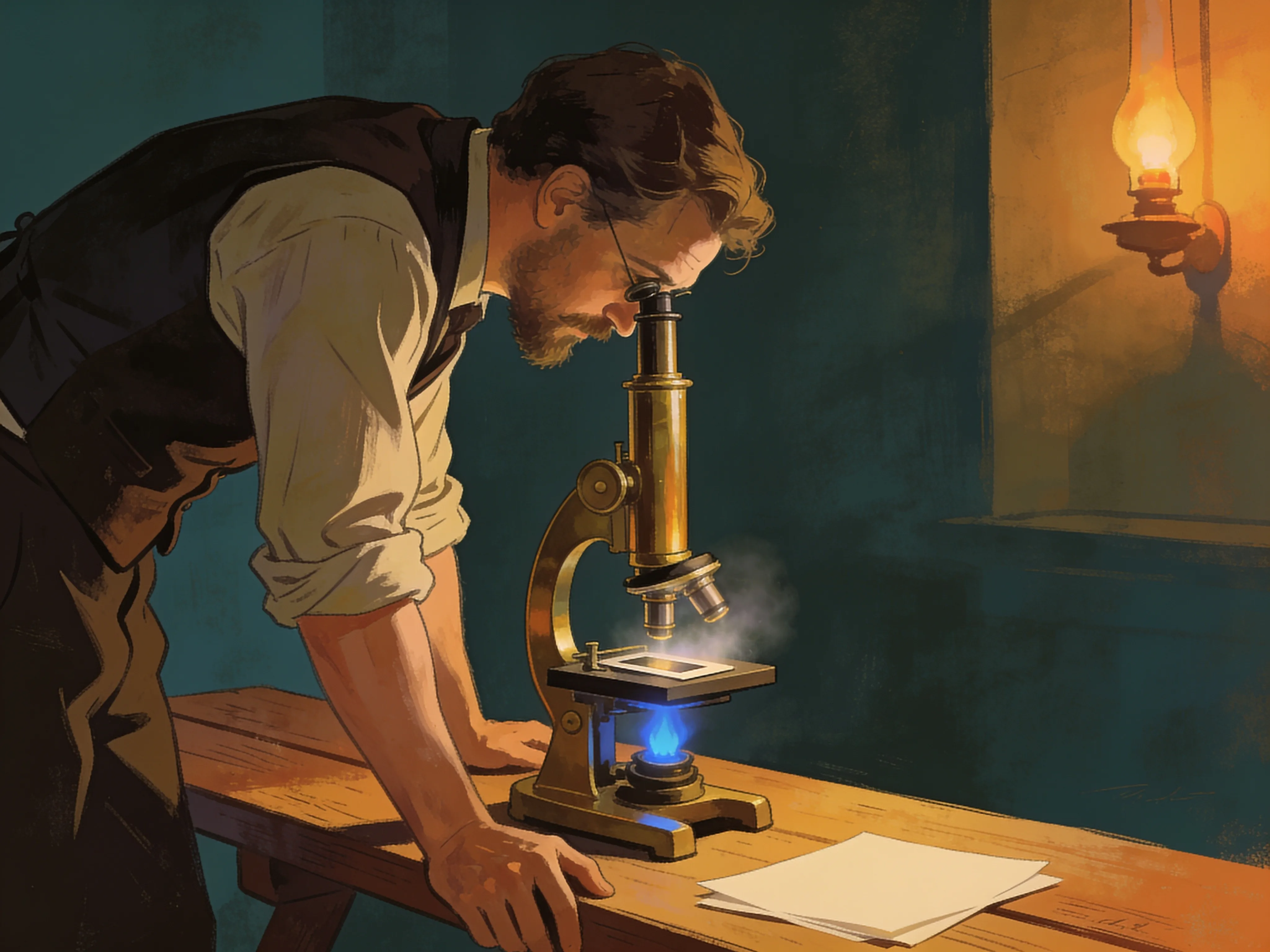 A painted scene of a physicist in his thirties in 1889, bent over a brass microscope with a flame beneath its stage