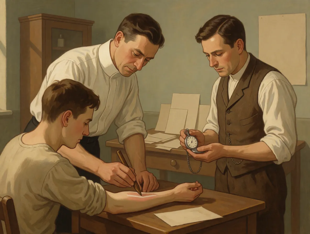 A doctor in nineteen twenties clothing drawing a blunt point firmly across a volunteer's forearm while another man times it with a pocket watch