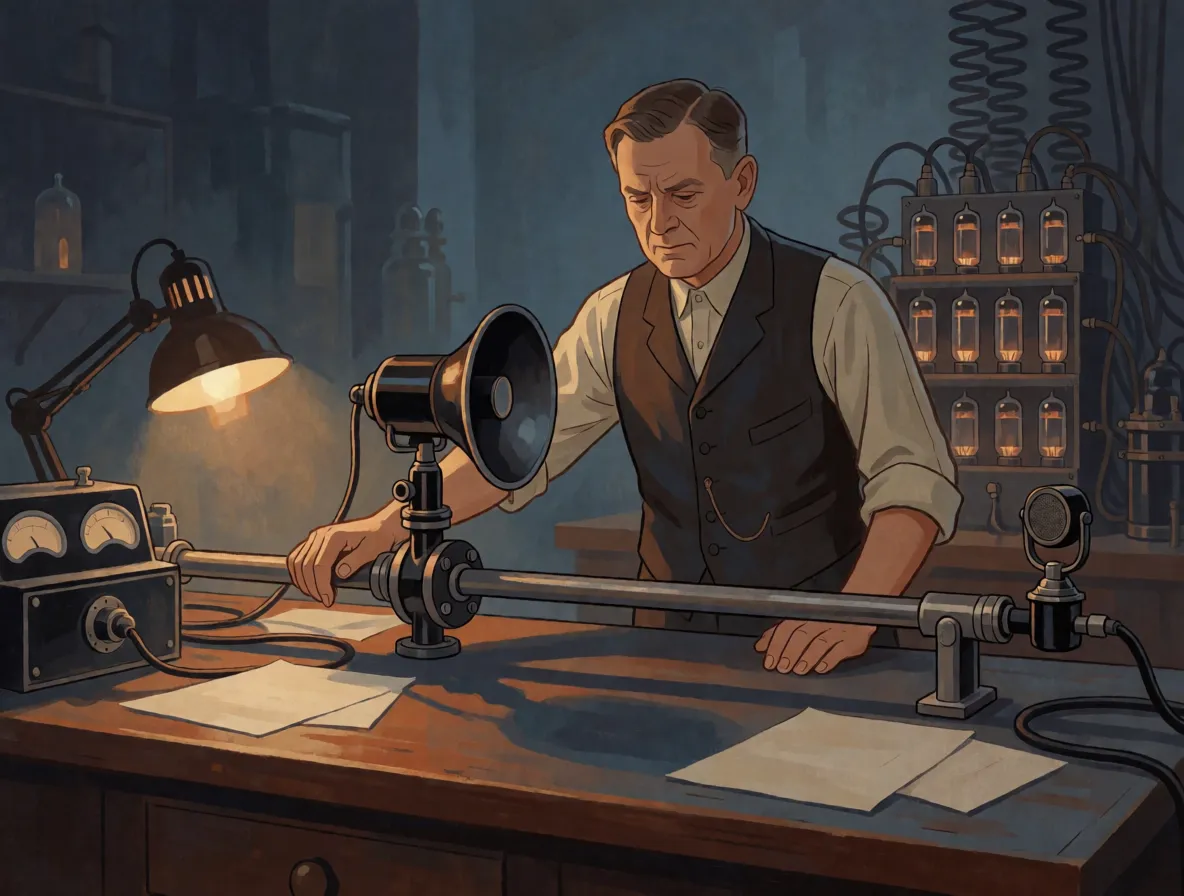 A painted 1930s laboratory, a man beside a metal pipe with a loudspeaker clamped to it