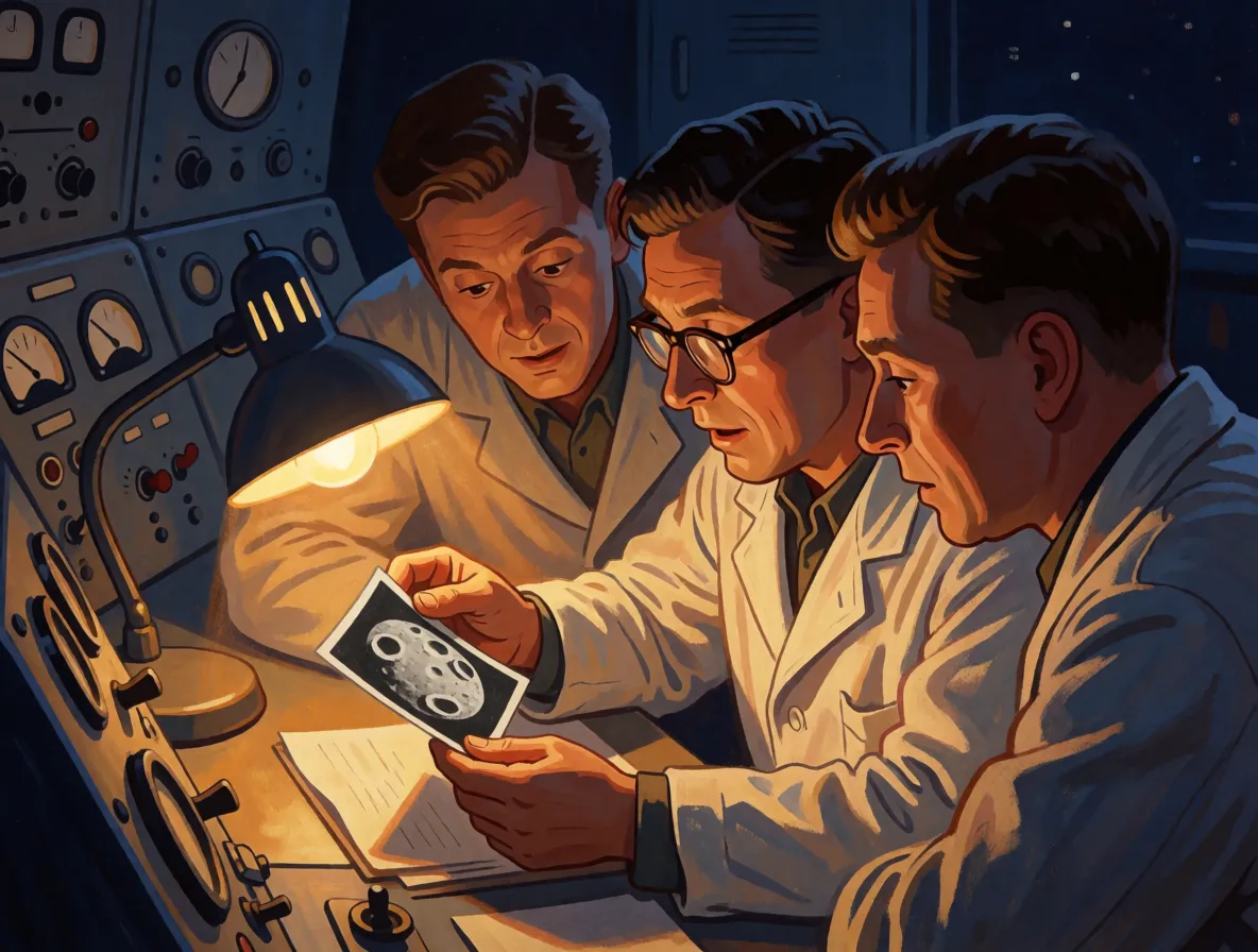 Three engineers in a 1959 control room leaning over a small grainy photograph of a cratered moon