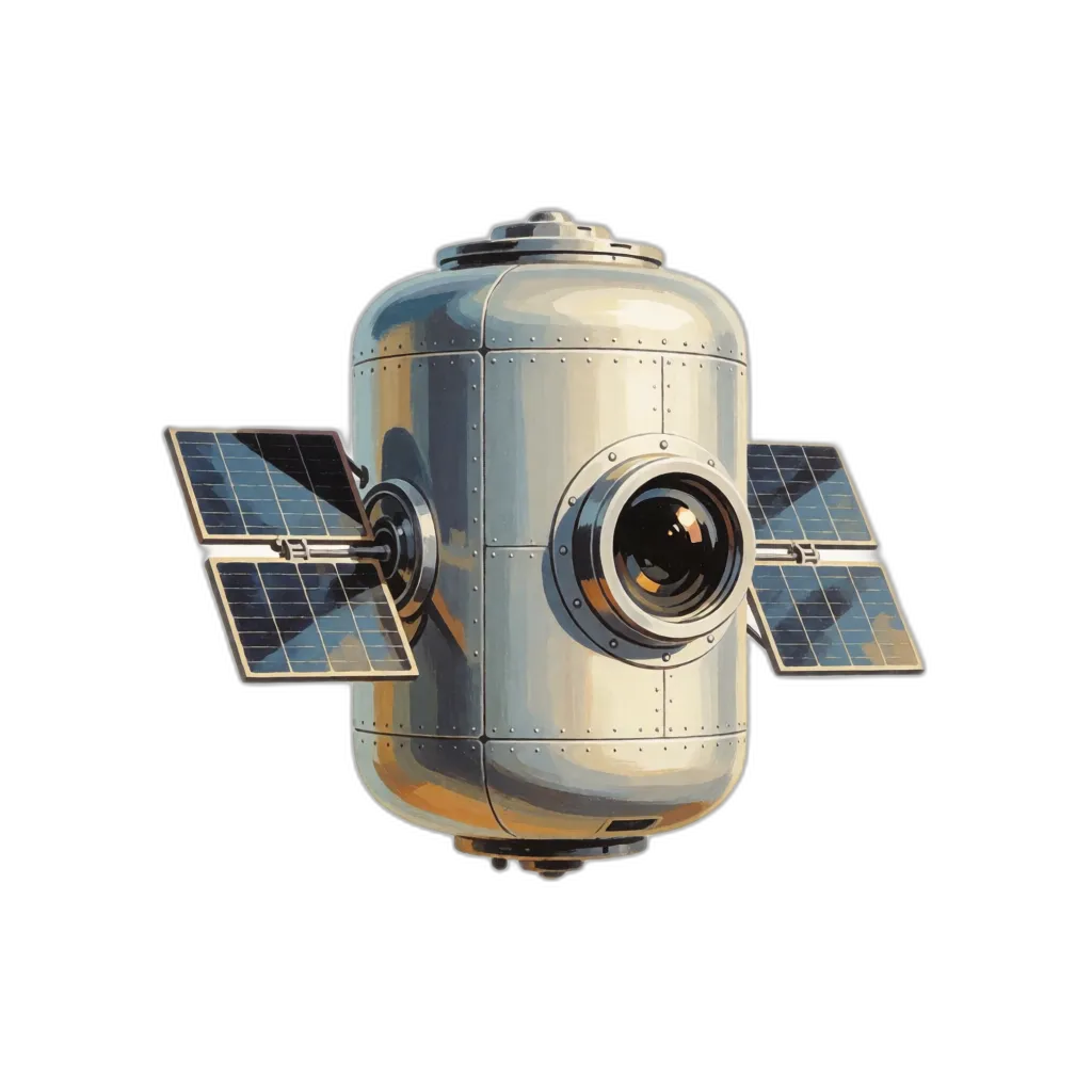 A 1950s spacecraft with solar panels and a camera port flying above the cratered far side of the Moon