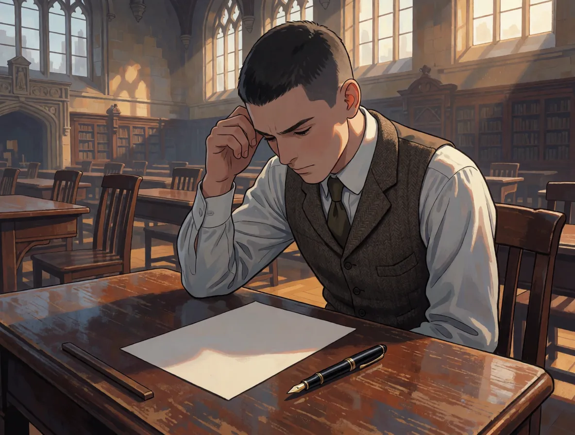 A young man in nineteen-twenties clothing thinking at a wooden desk in an old university hall