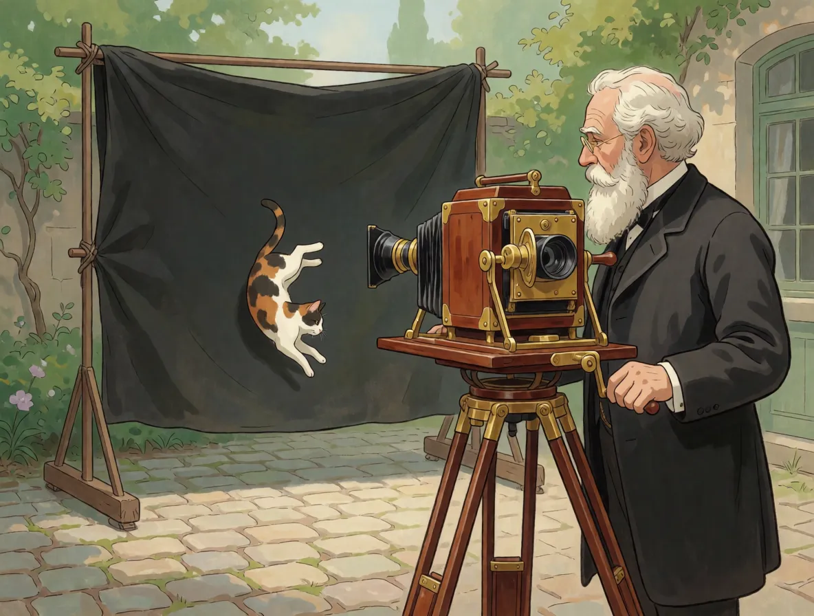 An 1890s scientist beside a large early cine camera, observing a cat falling in front of a dark backdrop