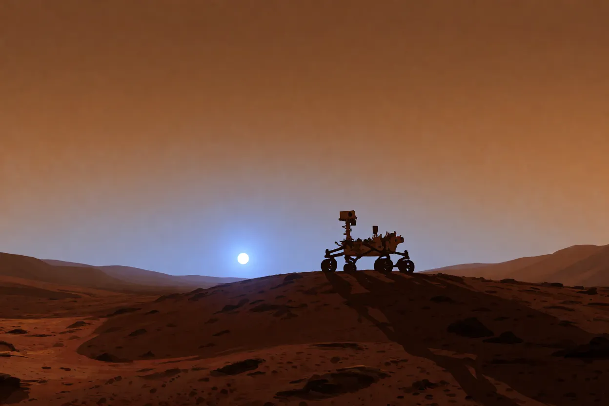 The Curiosity rover on the rusty Martian surface at dusk, with a cold blue glow around the setting sun