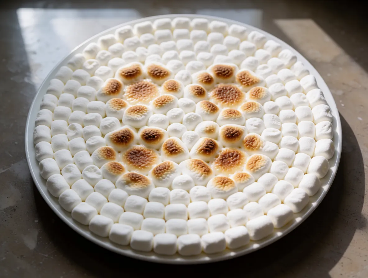 A plate of mini marshmallows with several evenly spaced melted patches