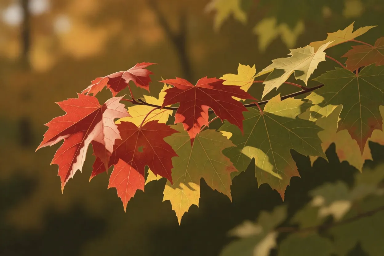 A painted maple branch in low autumn sun, outer leaves scarlet, inner shaded leaves yellow-green