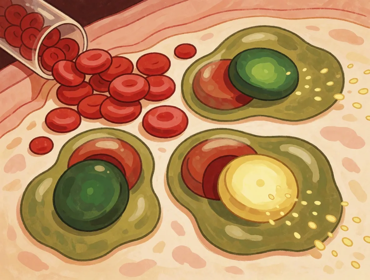 A painted magnified view under the skin: a torn blood tube spilling red discs, with green cells swallowing them and yellow specks drifting away