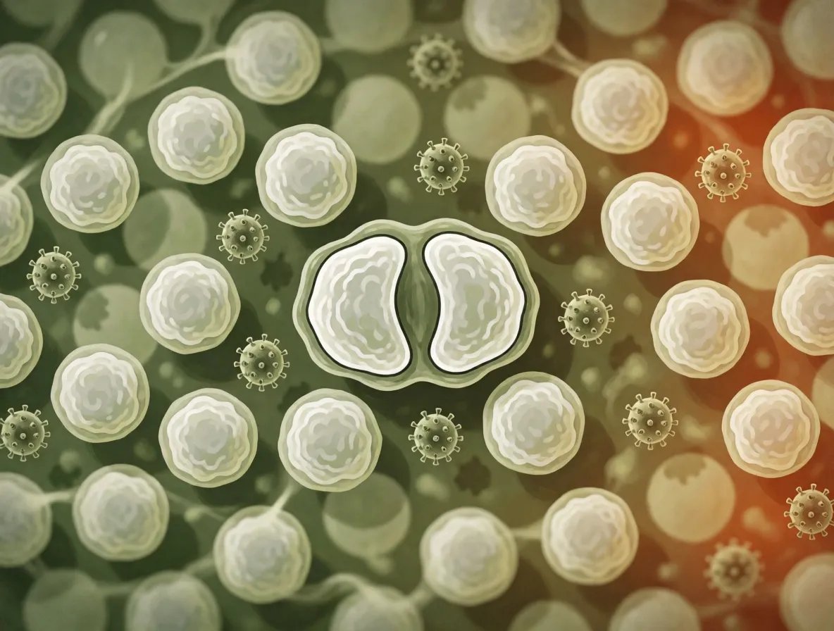A magnified painting of one pale cell splitting into two, surrounded by copies of itself and small studded virus particles