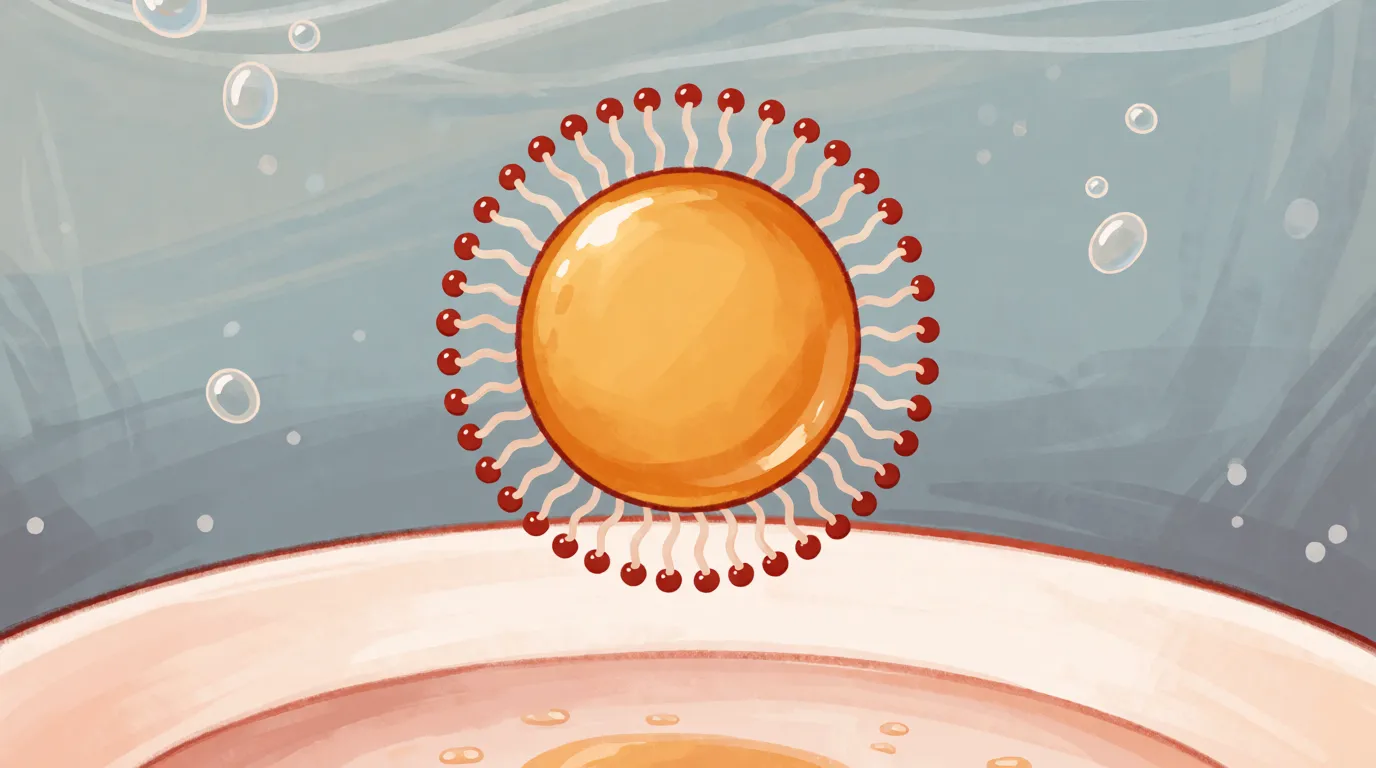 A painted magnified view of a golden grease droplet lifting off a plate underwater, ringed by soap molecules