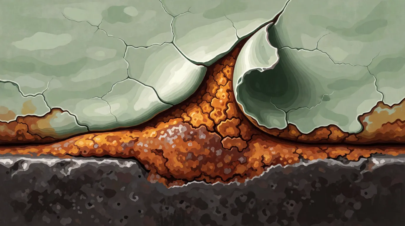 A painted cross-section of paint lifting off iron as rust grows underneath it